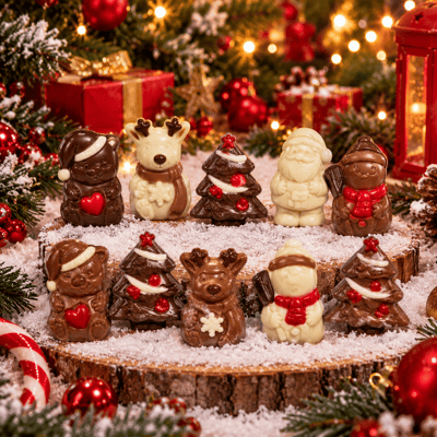 Figurines en chocolat dans la neige de noel