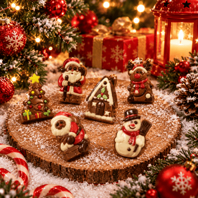 Figurines en chocolat sous la neige de noel
